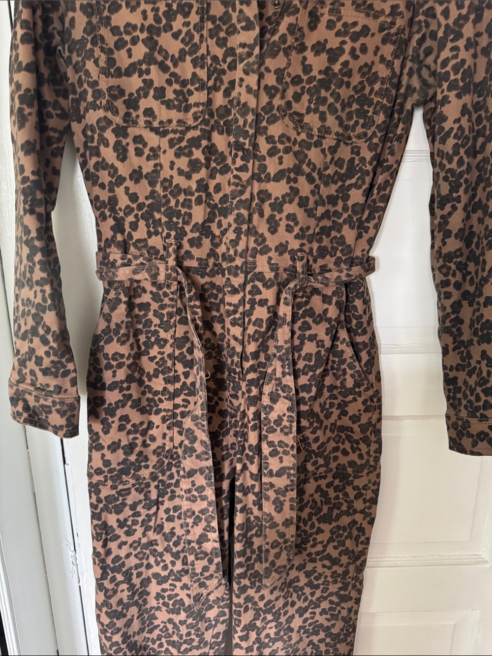 Anthropologie Brown Leopard-Print Utility Jumpsuit with Tie Waist - Picture 3 of 7